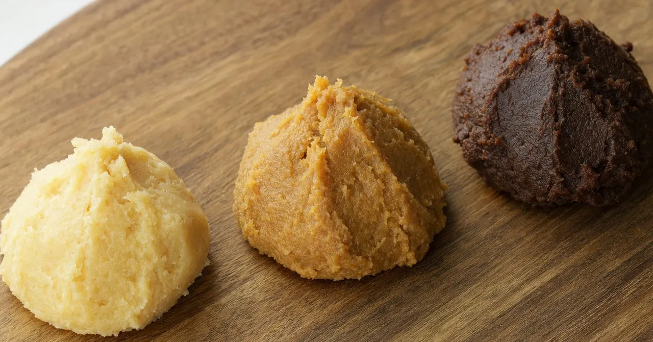 Three small mounds of miso in a row on a wooden board — pale creamy white, light golden brown, and deep reddish brown.