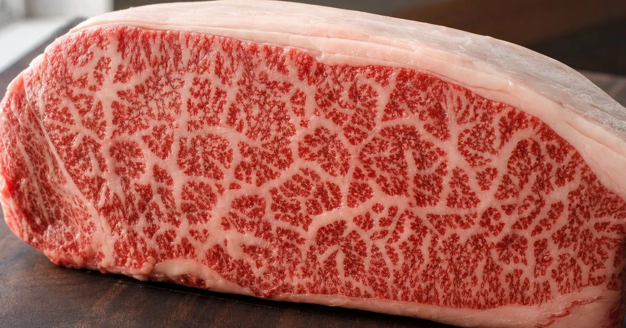 A thick raw wagyu sirloin steak on a dark board showing dense, fine white marbling throughout the red meat.