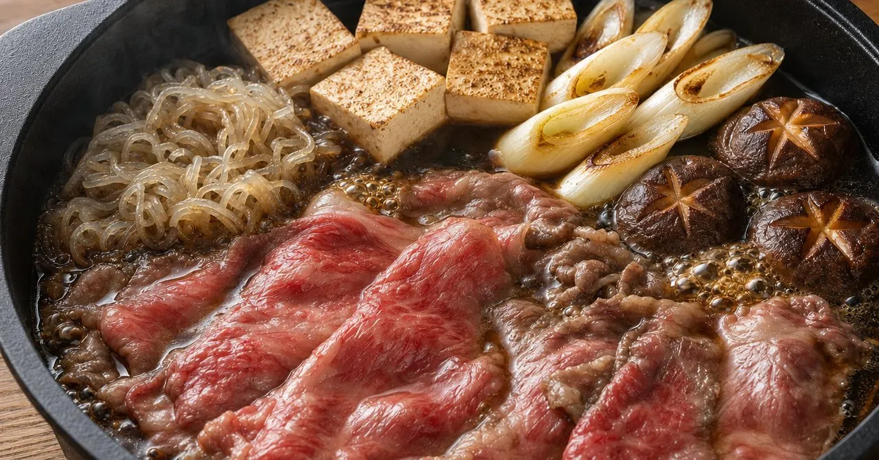 A shallow cast-iron sukiyaki pan with thinly sliced marbled beef, tofu, negi and shirataki simmering in a dark glossy broth.