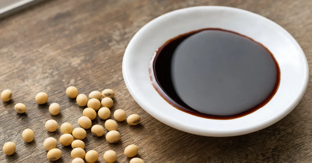 A small white dish of very dark, glossy tamari beside a scatter of whole dried soybeans on a wooden counter.