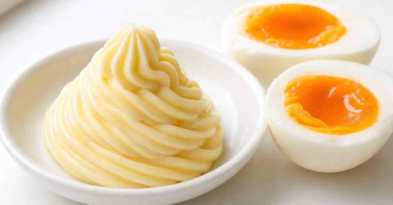 A small white dish of thick, pale yellow Japanese mayonnaise piped in a tall swirl, next to a halved soft-boiled egg.