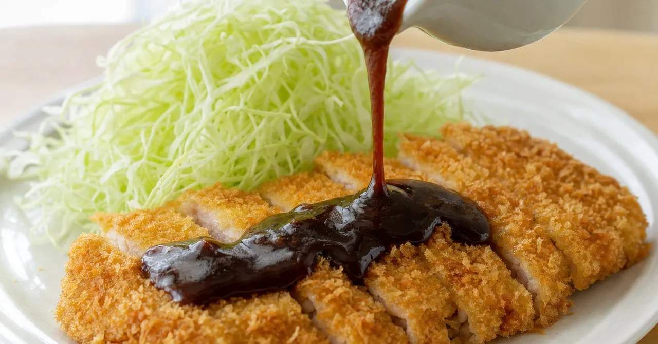 A small white pitcher pouring thick, dark brown tonkatsu sauce over slices of golden breaded pork cutlet beside shredded cabbage.