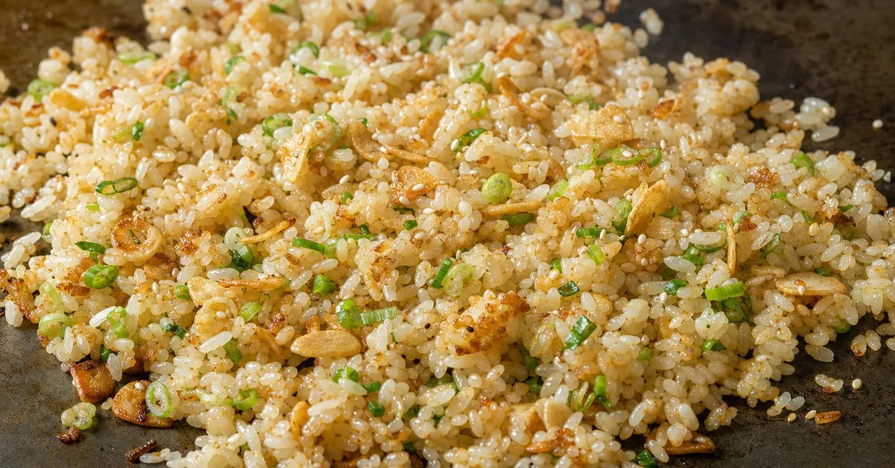 Garlic fried rice being finished on a flat steel teppan griddle with a little butter, short-grain rice, sesame seeds and scallion, steam rising.